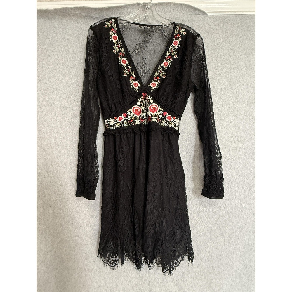 Topshop Dress Womens 6 Black Lace Floral Embroidered V‎ Neck Long Sleeve Mini